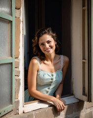 image of a beautiful female looking on a windowsill