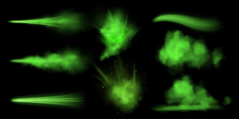 Acid spray and clouds. Realistic green particles flying, toxic smoke as symbol of bad smell. Spoiled and poison products. Chemical vapor, mist droplets in air. Vector isolated set