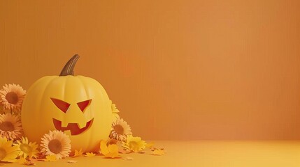 Halloween background with pumpkin. Happy Halloween. Halloween photo with pumpkins. Conceptual composition of an autumn holiday with autumn flowers, leaves on a gentle background.