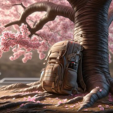 backpack at the base of a blossoming cherry tree in a tranquil park setting, highlighting a spring adventure. AI Generated.