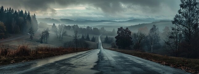 A road leading to the horizon, surrounded by trees and hills, foggy atmosphere, landscape