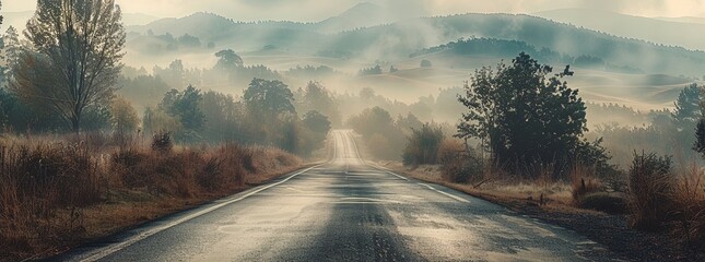A road leading to the horizon, surrounded by trees and hills, foggy atmosphere, landscape