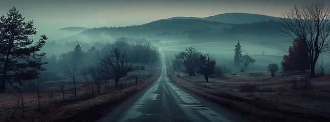 Foto op Plexiglas A road leading to the horizon, surrounded by trees and hills, foggy atmosphere, landscape © EnelEva