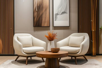Modern Home Interior with Beige Lounge Chairs and Wall Art