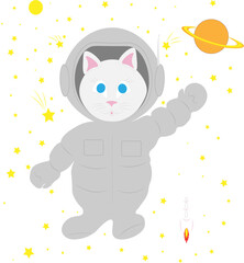 A cat is an astronaut in outer space, a rocket satellite moon and Saturn stars surround him. The concept of Cosmonautics Day