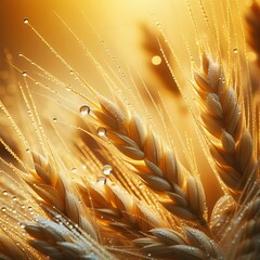 Golden wheat ear close-up with morning dew drops at sunrise. Generative AI