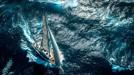 White yacht sailing in an open sea top view