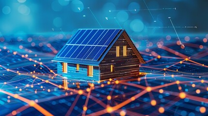 3D rendering of a house with solar panels on the roof and digital network connections in the background - obrazy, fototapety, plakaty