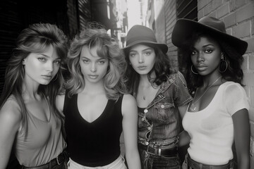portrait of four fashion young woman models on street in the city. Vintage retro black and white film photography