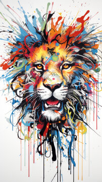 Lion poster painted with bright splashes of paint.