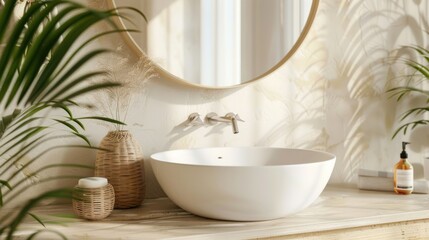 Modern bathroom sink with a round mirror hanging on wall and a potted plant. AI generated image