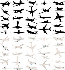set of passenger airplanes on a white background, vector