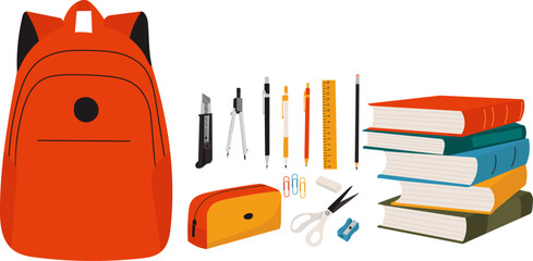 set of backpack, books, stationery on a white background, vector