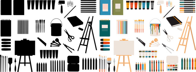 set of everything for the artist, easel, paints, pencils, notebooks on a white background, vector