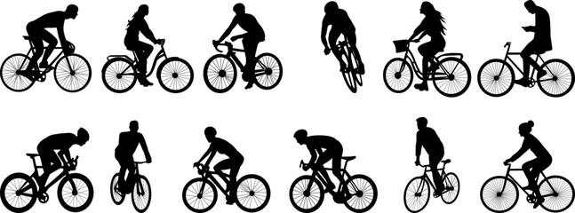 people riding bicycle silhouette set on white background, vector - obrazy, fototapety, plakaty