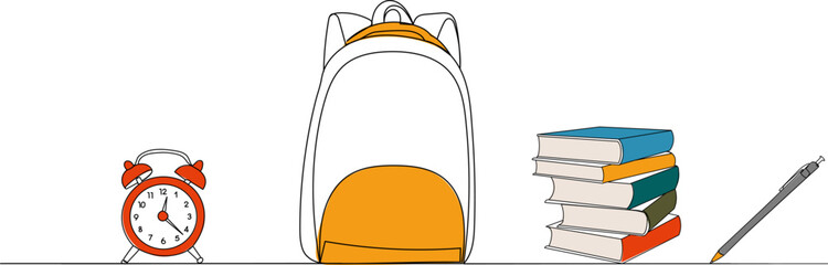 sketch of a backpack, books, alarm clock on a white background, vector