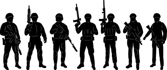 soldiers, military silhouette set on white background, vector