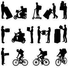 couriers, food delivery, parcels, couriers on a bicycle, couriers on a moped silhouette set on a white background, vector