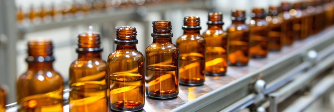 Automated pharmaceutical manufacturing with glass bottles on conveyor line in production facility
