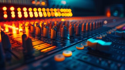 Audio mixing console. Contemporary control desk in a music recording studio illuminated with neon colors for music and sound recording - obrazy, fototapety, plakaty