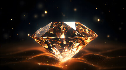 Closeup of a yellow gemstone diamond surrounded by orange sparks isolated on dark background