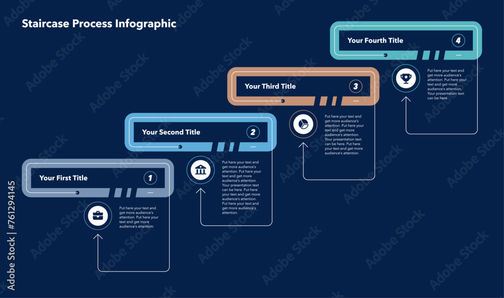 Poster Staircase process infographic template with four steps - dark version. Flat design with minimalistic icons and place for your texts.
