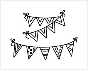 Festive garland icon. Hand drawn doodle. Triangular flags with stripes, polka dots ornament. Pennant hanging. Birthday, xmas flag vector stock illustration EPS 10
