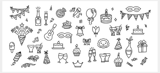 Doodle romantic set icons isolated. Velentine art line. Sketch birthday. Outline vector stock illustration. EPS 10