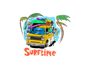 Summer surf bus vacation. Cartoon, comics style print design template. Vector art illustration. 