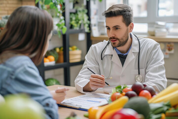 Fototapeta na wymiar Male nutritionist providing dietary guidance to a female patient in a clinic filled with fresh produce