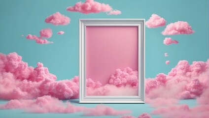 A dreamy scene featuring a blank frame amidst fluffy pink clouds on a soothing blue background