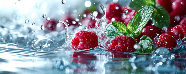 Raspberries Immersed in Splashing Water