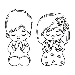 Cute praying children girl and boy. Religious believer little child character on his knees with folded hands in prayer. Vector illustration. Isolated outline hand drawings. Kids collection