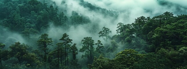 Fototapeta na wymiar A panoramic view of the dense forest with misty clouds rising from its canopy