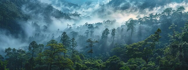 A panoramic view of the dense forest with misty clouds rising from its canopy - obrazy, fototapety, plakaty
