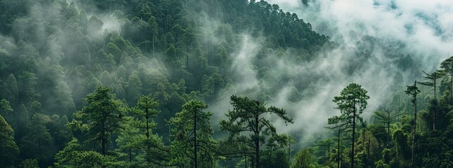 A panoramic view of the dense forest with misty clouds rising from its canopy - obrazy, fototapety, plakaty