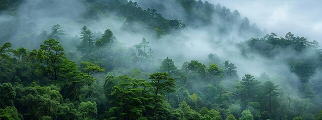 A panoramic view of the dense forest with misty clouds rising from its canopy - obrazy, fototapety, plakaty