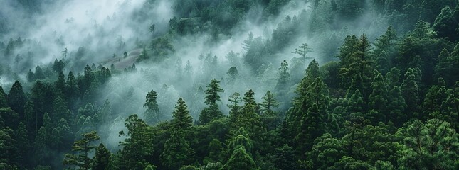 A panoramic view of the dense forest with misty clouds rising from its canopy
