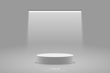 3d background with gray cylinder podium pedestal realistic and glowing neon lighting rectangle shape tube. Minimal wall scene for mockup. stage for showcase. 3d vector render geometric form.
