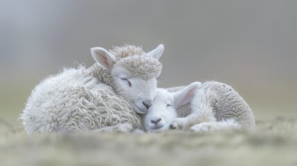 Sweet and endearing lamb showing affection by nuzzling its caring mother in a serene green meadow - obrazy, fototapety, plakaty