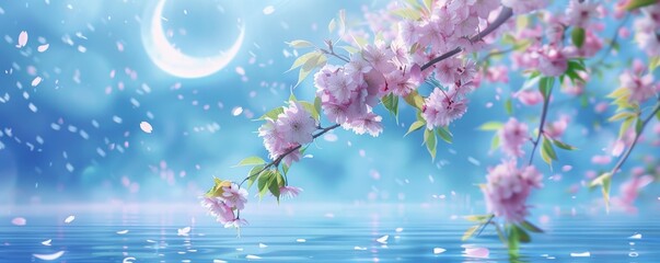 Blossoms in Bloom. Pink Cherry Blossom Branches Crystal Blue Water Background, Crescent Moon Glimmering Above and Petals Dancing in the Air, Beauty of Springtime