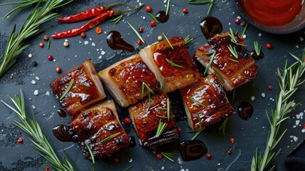 Baked pork belly with garnish. Generative AI