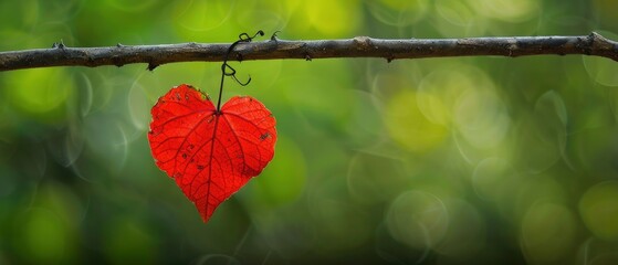 A heartshaped red leaf hanging on the branch green background.
