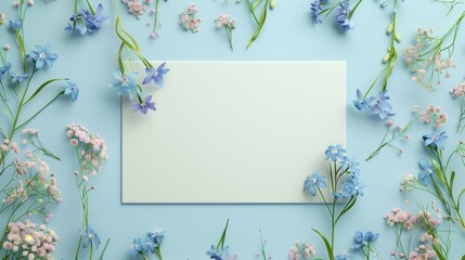 Blank white board and forget me nots flower for greeting text message - obrazy, fototapety, plakaty