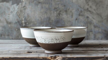 A set of three white and brown glaze handmade ceramic bowls