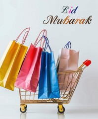 A shopping cart full of shopping bags, the text Eid Mubarak