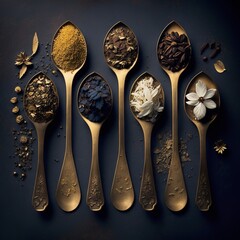 Assortment of dry tea in vintage golden spoons spices india curry, turmeric, coriander, cayenne pepper,spoon,kitchen with black background seasoning food design indian asian Generative AI  - obrazy, fototapety, plakaty