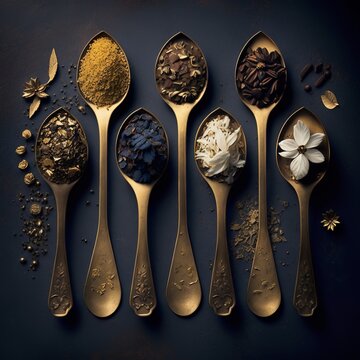 Assortment of dry tea in vintage golden spoons spices india curry, turmeric, coriander, cayenne pepper,spoon,kitchen with black background seasoning food design indian asian Generative AI 