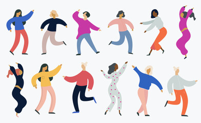 Fototapeta na wymiar Collection of dancers. Female characters. A group of happy dancing people. Cartoon flat vector illustration of dancing people
