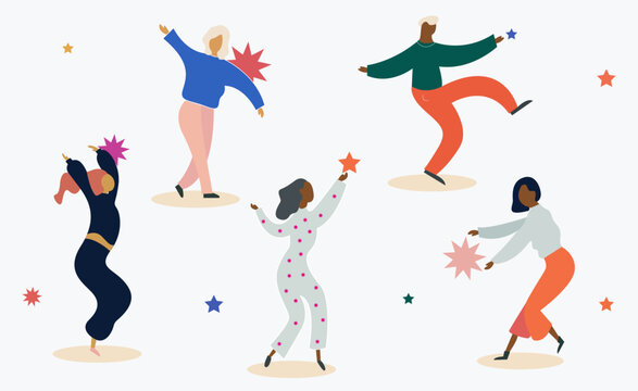 Male and female characters. A group of happy dancing people.  Cartoon flat vector illustration of dancing people